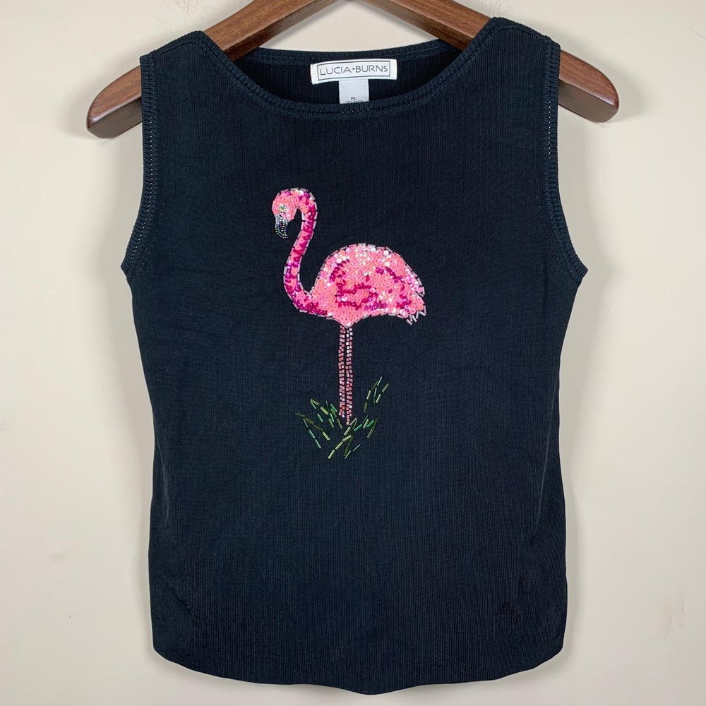 Vintage Lucia Burns Black Sequined Flamingo Black Tank Top Y2K Size Petite Large